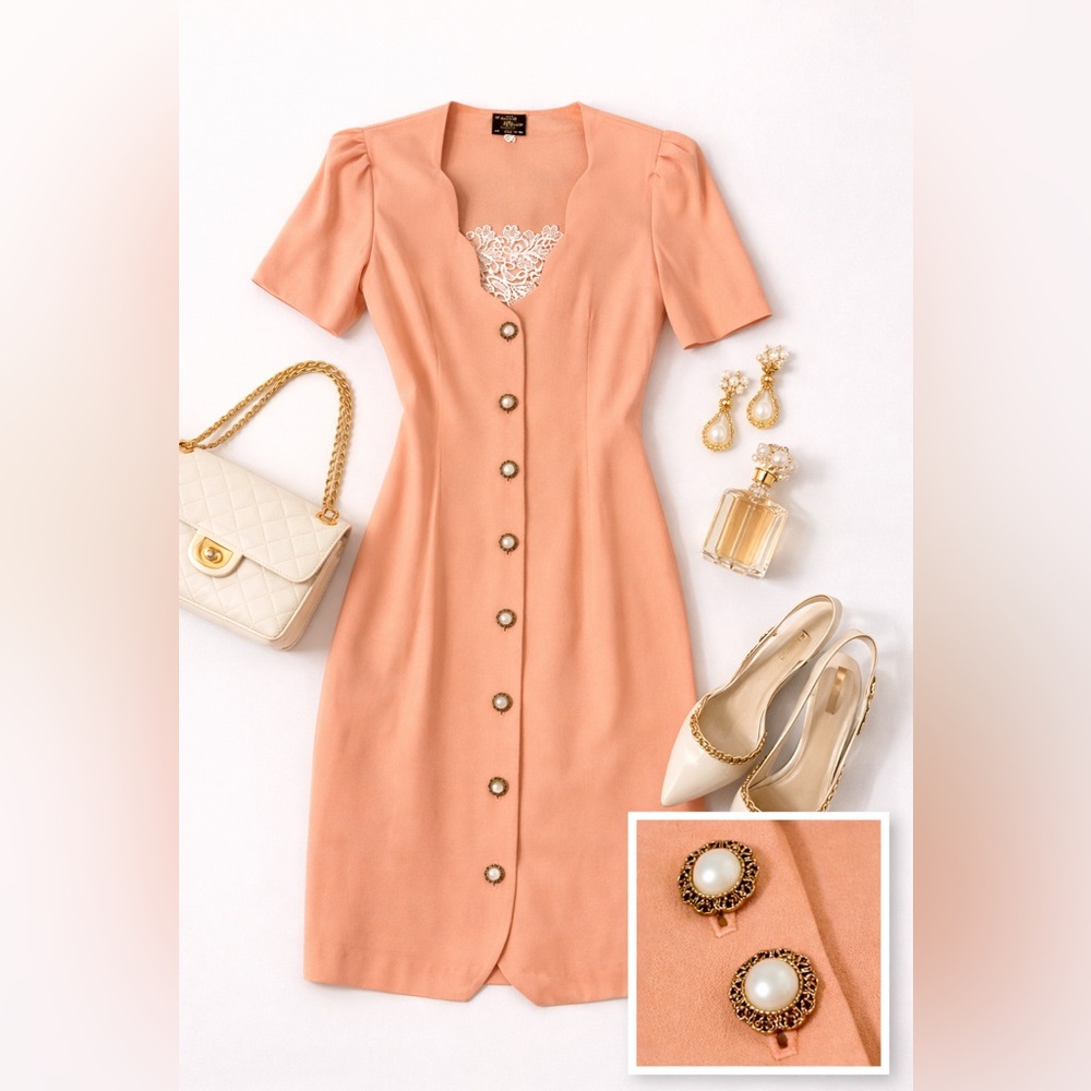 VTG Peach Lace Dress • Pearl Buttons Romantic Coquette Style